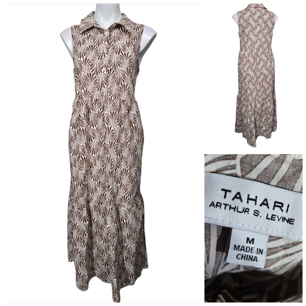 Tahari ASL shirt dress Brown Palm Leaf Print Maxi M cotton fall sleeveless